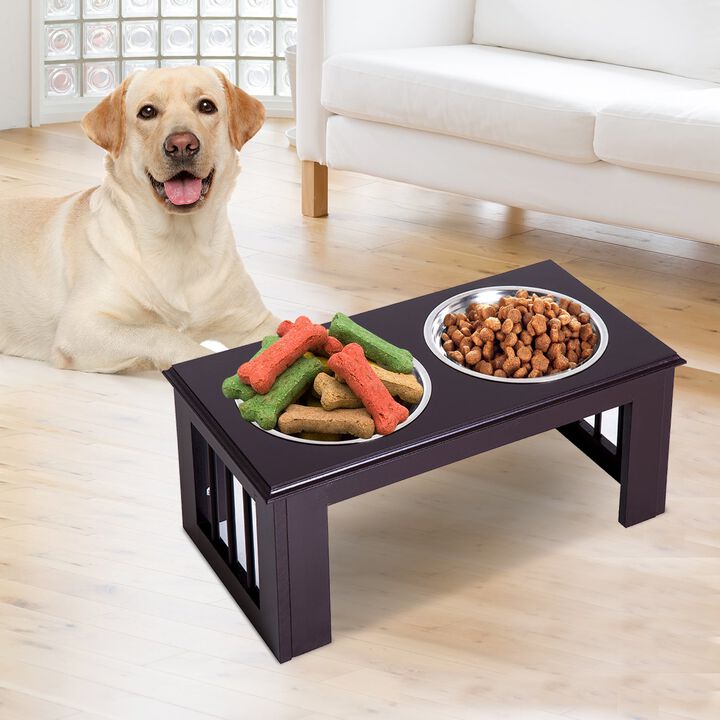 Durable Wooden Dog Feeding Station with 2 Included Dog Food Bowls and a Non-Slip Base, 23", Espresso