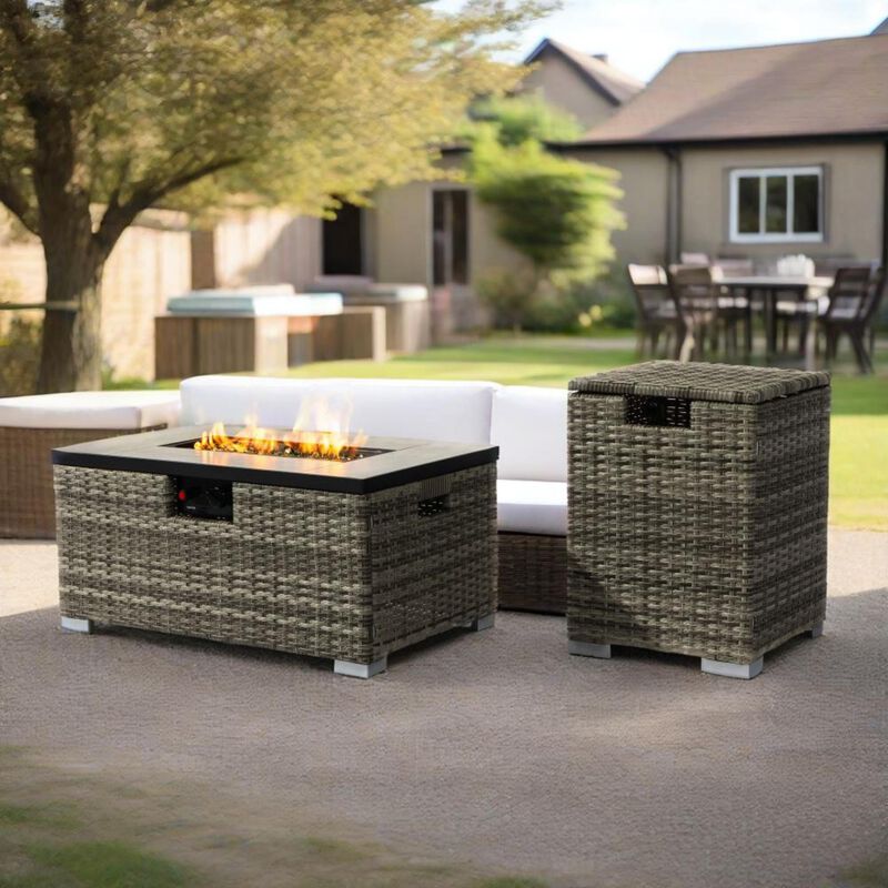 2-Pieces 32" Propane Gas Wicker Fire Pit Table With Propane Tank Cover, 50000 BTU Rectangular Steel Patio Fire Pit image number 1