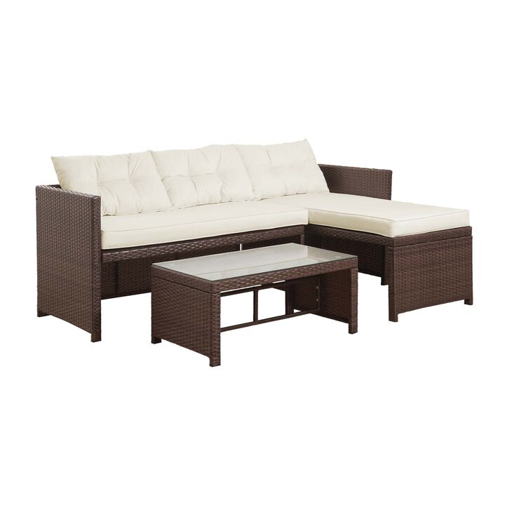Teamson Home Outdoor 3-Piece Rattan Patio Sectional Set with Cushions, Brown/White