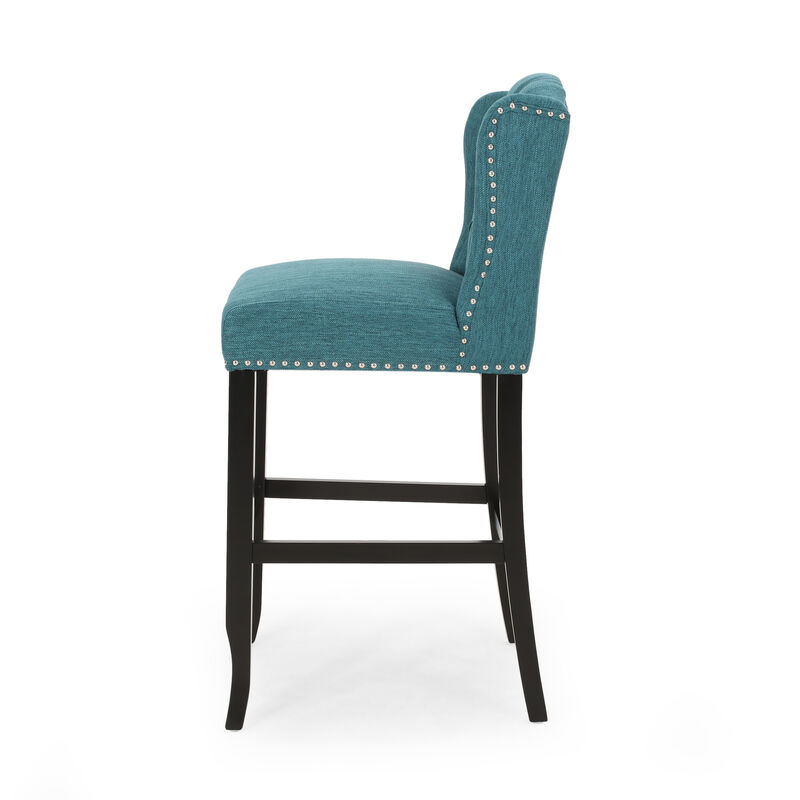 Seliva Barstool Chair Set of 2, Teal Fabric, Tufted Back, Brown Rubberwood - Benzara