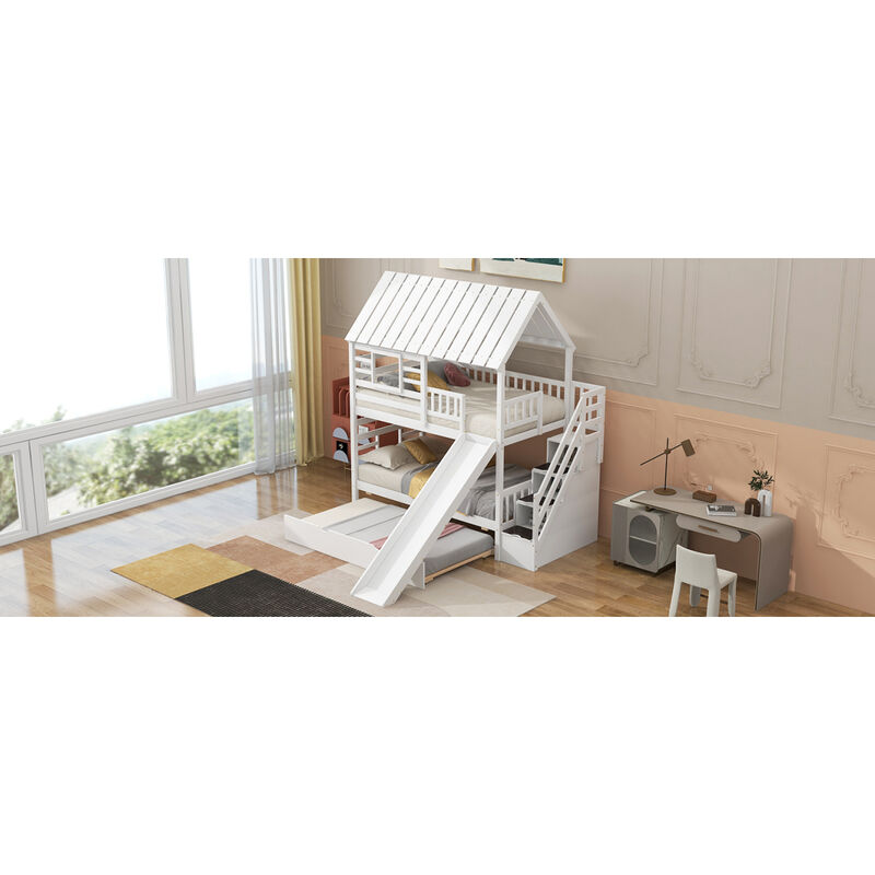Twin Over Twin House Bunk Bed With Trundle And Slide, Storage Staircase, Roof And Window Design