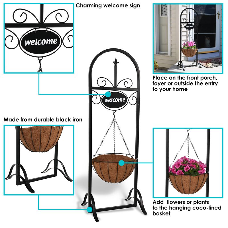 Sunnydaze Black Iron Frame Hanging Basket Planter with Welcome Sign - 48 in