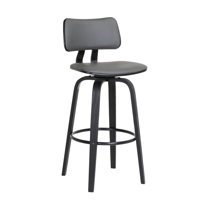 30" Swivel Black Wood Bar Stool in Gray Faux Leather with Black Metal