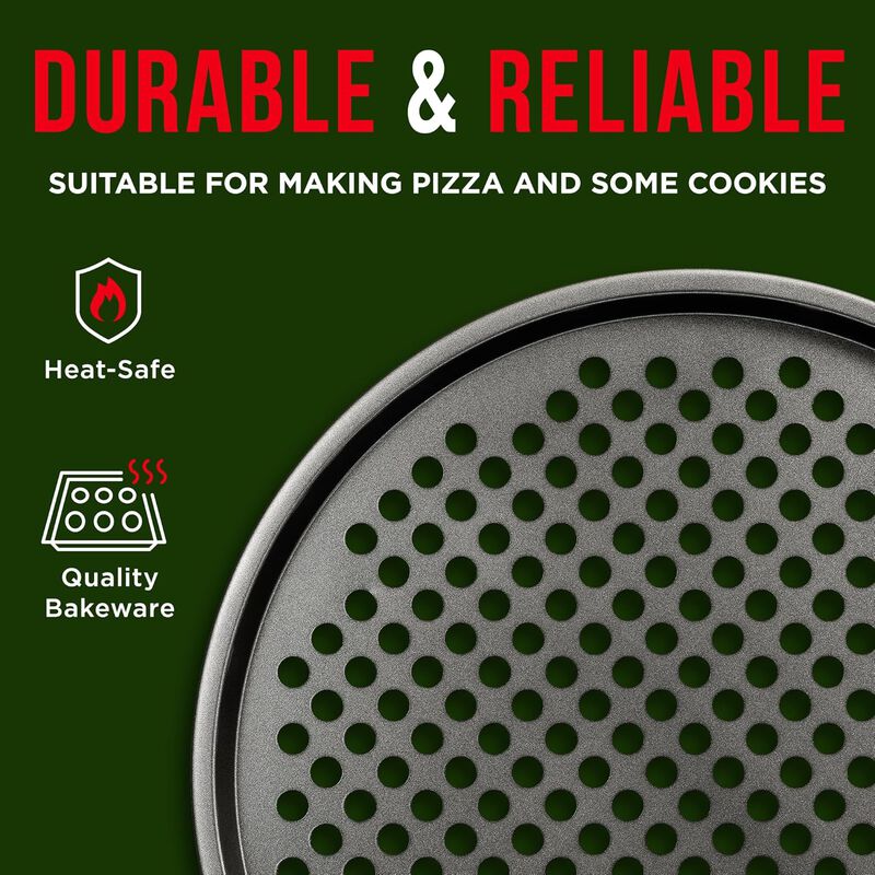BAKKENMASTER Bakken- Swiss Non-Stick Pizza Pan with Holes - 13-Inch Perforated Pizza Crisper Carbon Steel Pizza Pan - 2 Round Pizza Trays - PFOA PFOS and PTFE Free