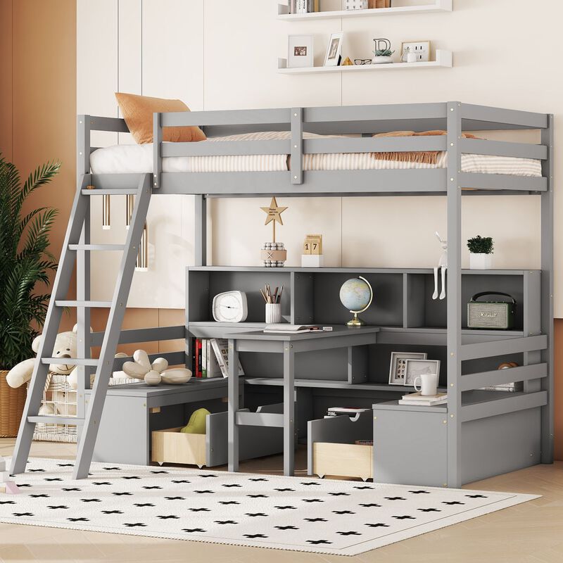 Whisen Twin Loft Bed With Storage Shelves, Drawers, Seat And Desk