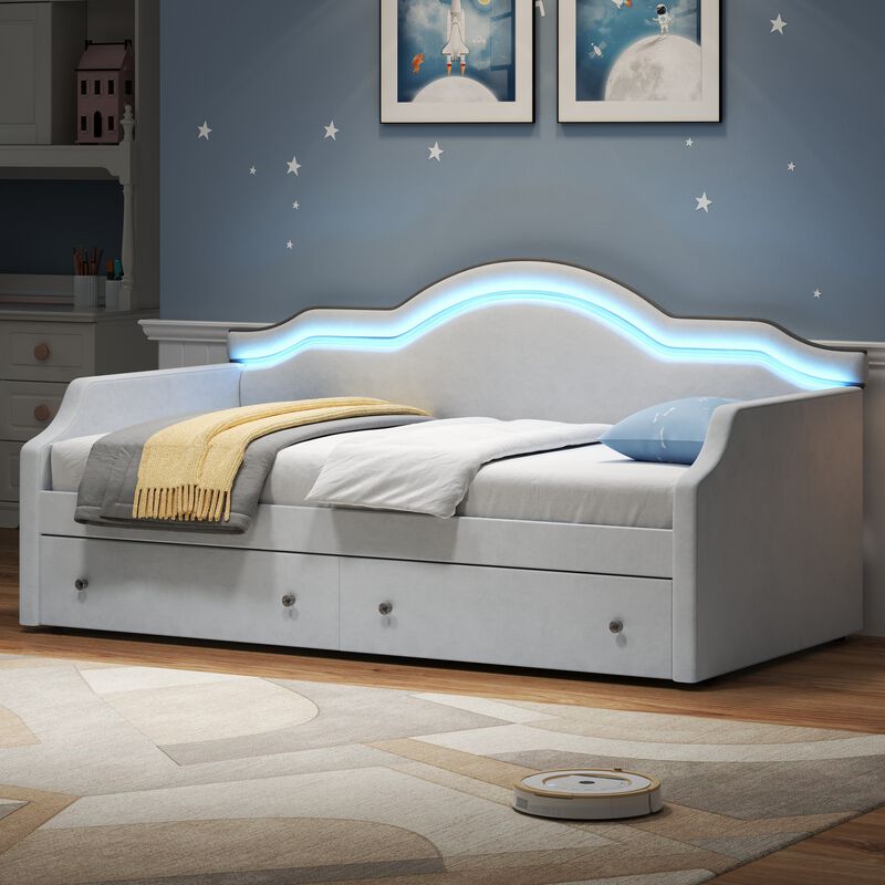 Merax Full Size Upholstered Daybed with LED and 2 Drawers