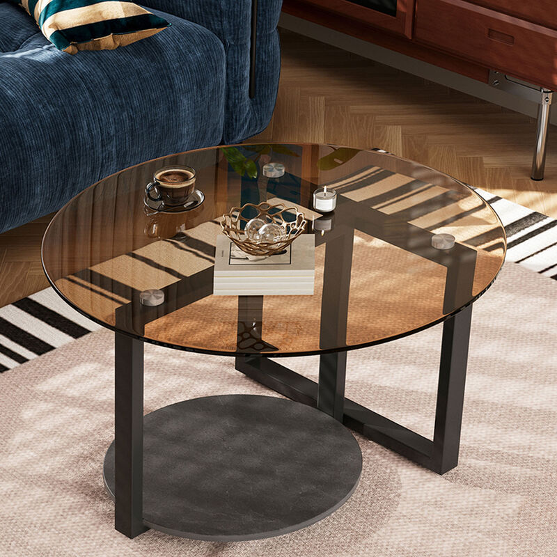 Brown Glass Coffee Table Round Abstract Tempered Glass Accent Table Furniture image number 8