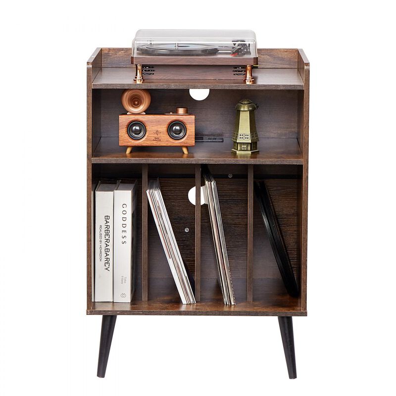 3-Tier Record Player with LED Light & USB Ports Wooden Vinyl Shelf