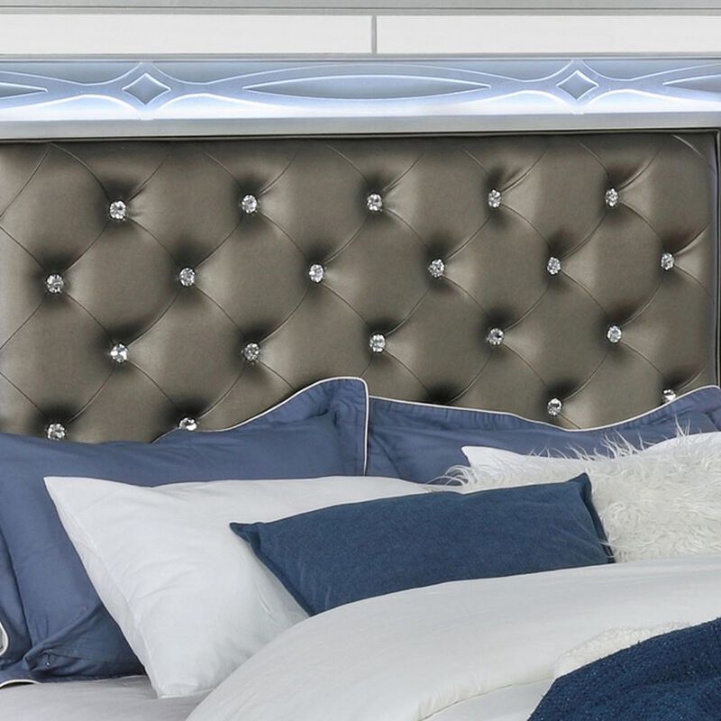 Gina Queen Panel Bed, LED Headboard, Gray Faux Leather Upholstery, Silver - Benzara
