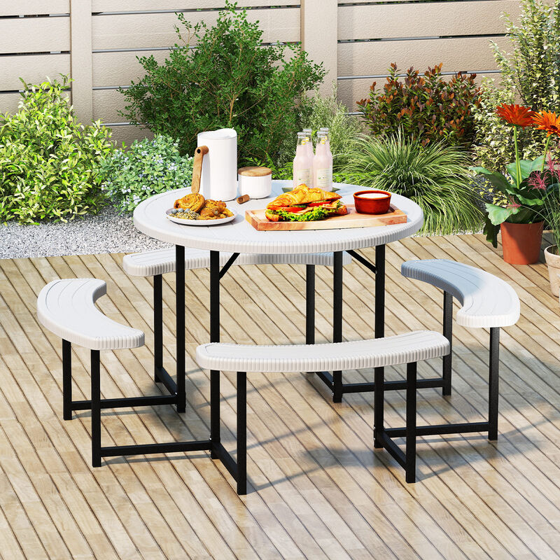 Round Picnic Table Set with 4 Benches and Umbrella Hole &ndash; Outdoor Patio Dining