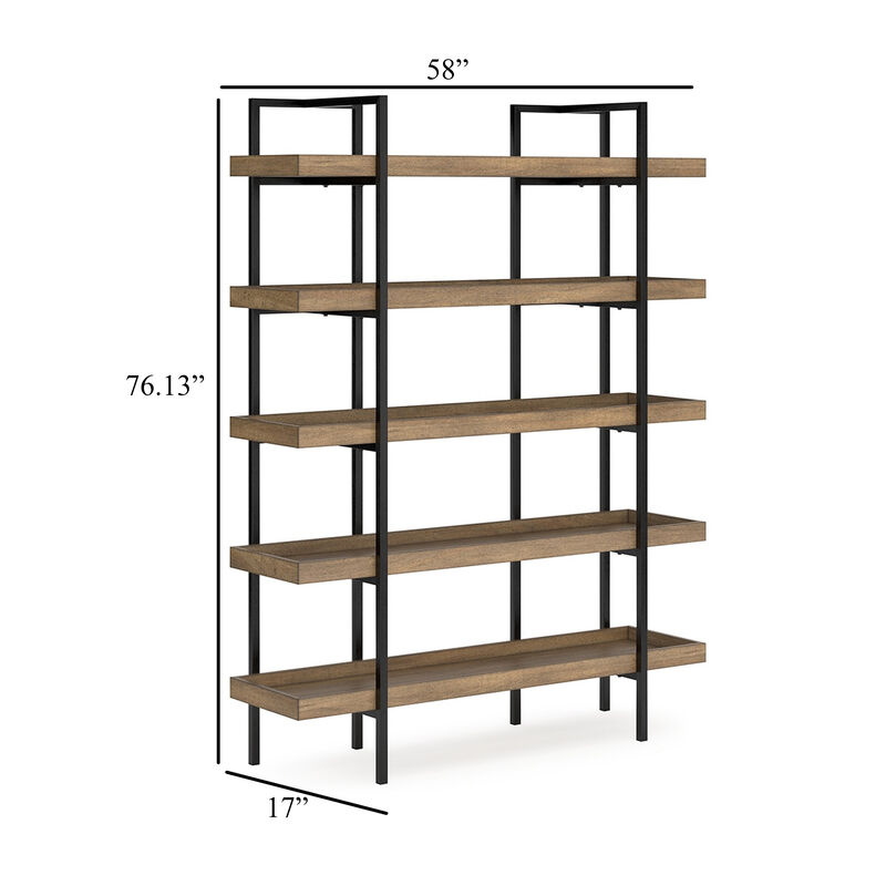 Tey Bookcase, 5 Display Shelves, Brown Mango Wood, Gray Metal Frame - Benzara image number 4