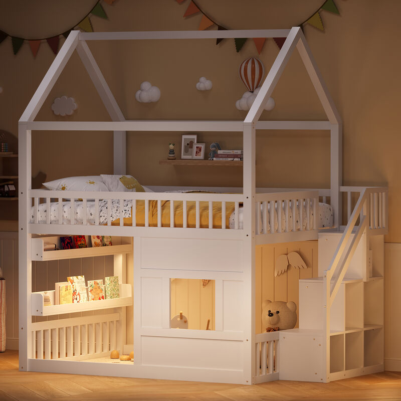 Merax Full Size White Wooden House Bed with Built-in LED Shelf Light image number 1