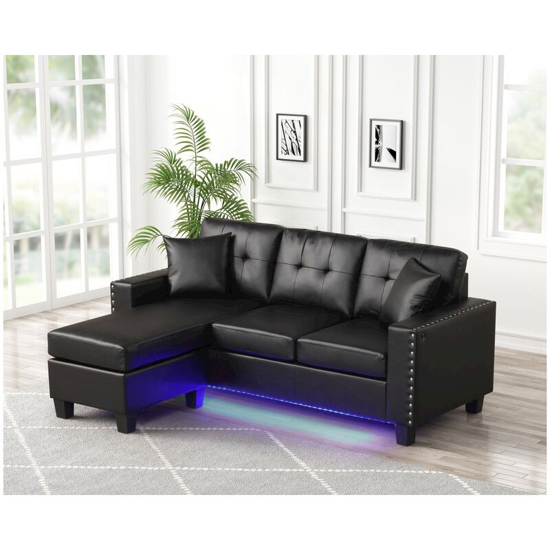 Lilola Home Sorenza 74W Black PVC Reversible Sectional Sofa Chaise with LED Light