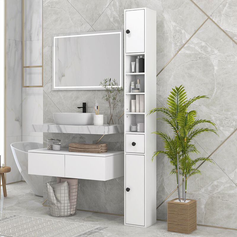 71" Tall Bathroom Storage Cabinet, Narrow Toilet Cabinet with Open Shelves, 2 Door Cabinets, Adjustable Shelves for Kitchen & Hallway, White image number 2