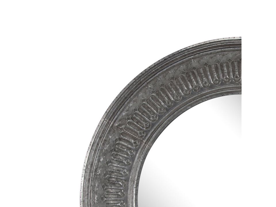 Round Wall Mirror with Thick Embossed Metal Border, Antique Gray - Benzara