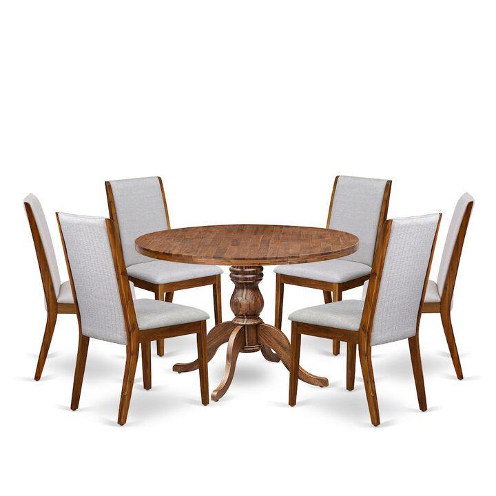 7-Pc Kitchen Set Of A Pedestal Round Table, 6 Grey Linen Fabric Chairs