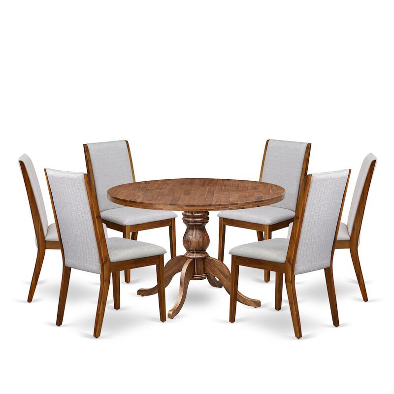 7-Pc Kitchen Set Of A Pedestal Round Table, 6 Grey Linen Fabric Chairs