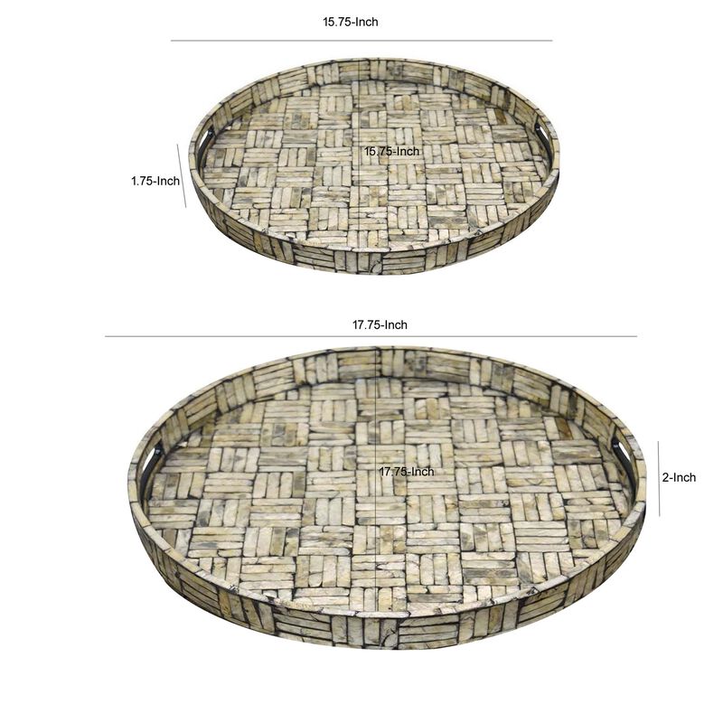 Decorative Nested Tray Set of 2, Round, Geometric Lines Pattern, Black Wood - Benzara