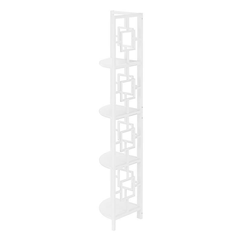 Monarch Specialties I 3613 Bookshelf, Bookcase, Etagere, Corner, 4 Tier, 62"H, Office, Bedroom, Metal, Laminate, White, Contemporary, Modern