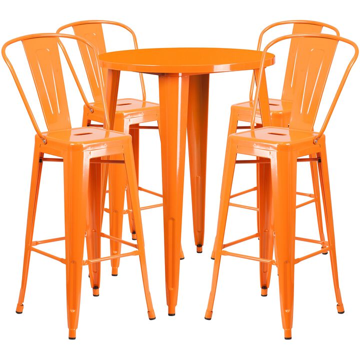 Flash Furniture Callum Commercial Grade 30" Round Orange Metal Indoor-Outdoor Bar Table Set with 4 Cafe Stools