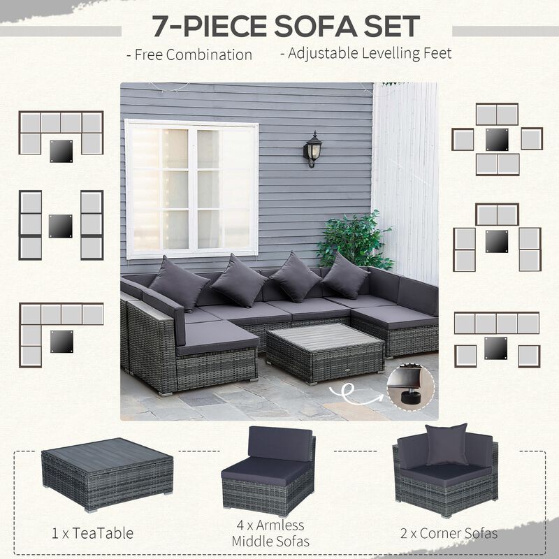 Grey Outdoor Oasis: 7PC PE Rattan Sectional Sofa Set