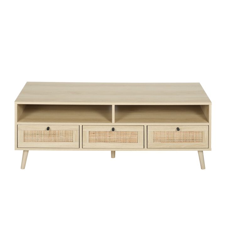 MONDAWE Rattan TV Stand with Solid Wood Feet, Entertainment Center with Storage and Shelf, Wood TV Media Console Table for Living Room Bedroom