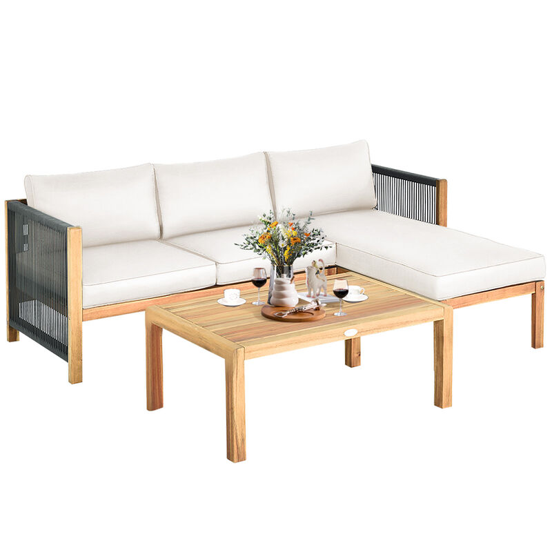 3 Pieces Patio Acacia Wood Sofa Furniture Set with Nylon Rope Armrest-White