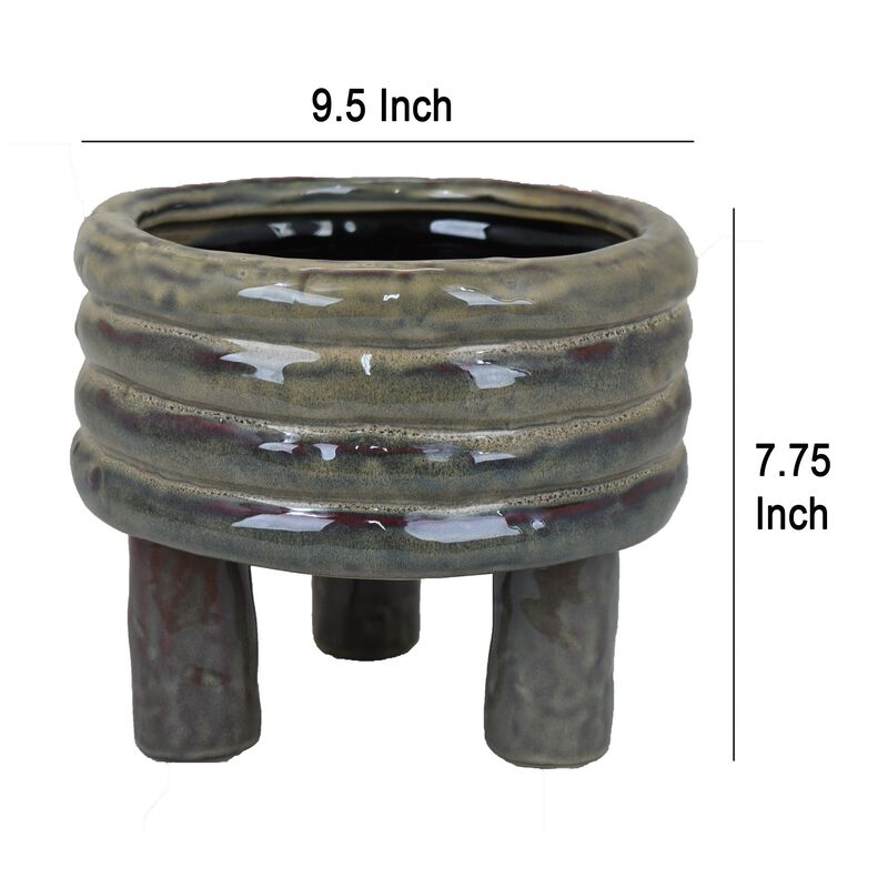 Garden Planter, Decorative Turned Style Glossy Gray Ceramic, 10 Inch - Benzara