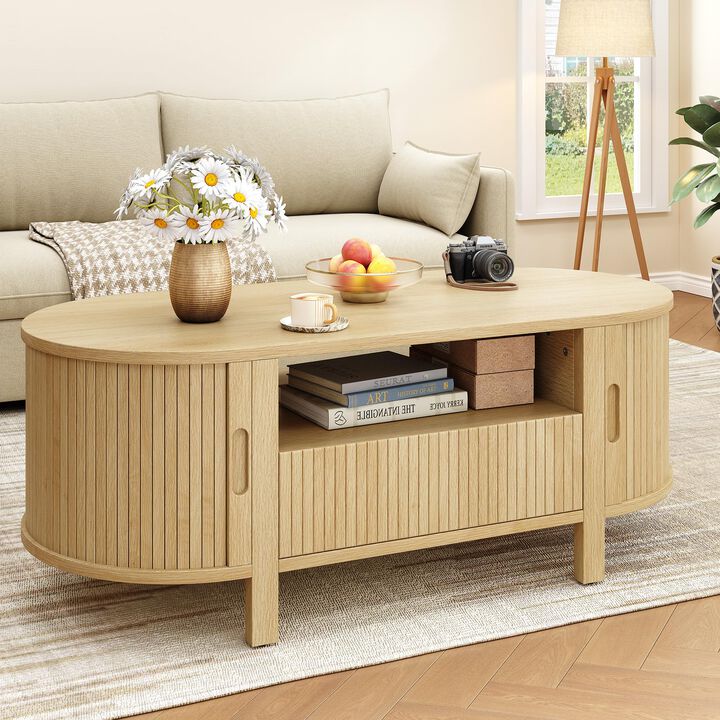 47.2" Oval Coffee Table with Drawer & Sliding Door Storage, Mid-Century Modern