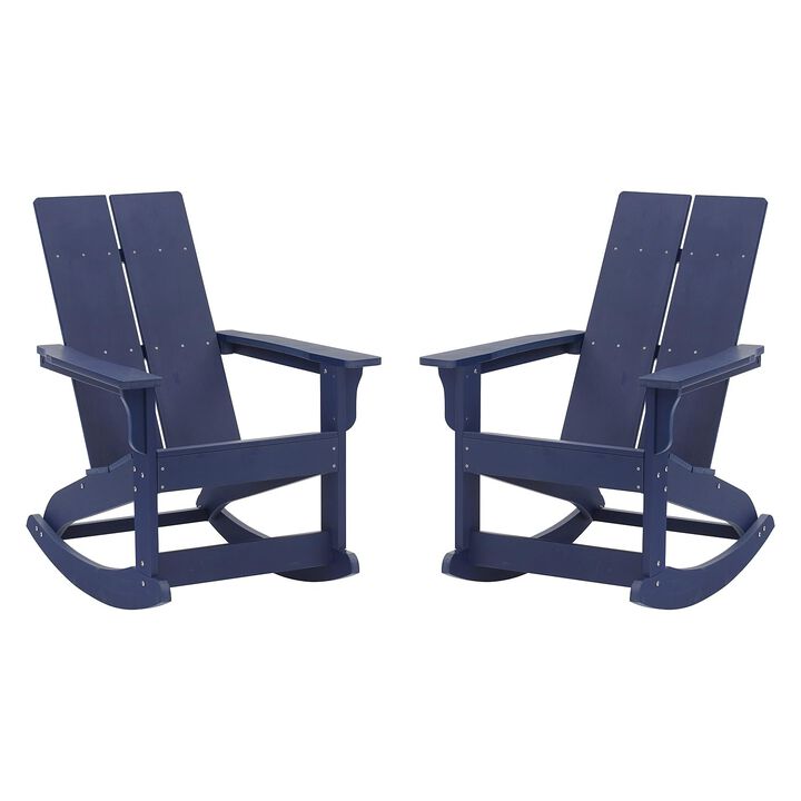 Flash Furniture Finn Modern Commercial Poly Resin Wood Adirondack Rocking Chair - All Weather Navy Polystyrene - Dual Slat Back - Stainless Steel Hardware - Set of 2