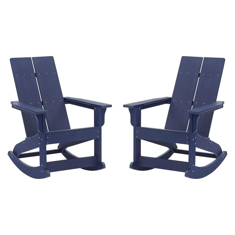 Flash Furniture Finn Modern Commercial Poly Resin Wood Adirondack Rocking Chair - All Weather Navy Polystyrene - Dual Slat Back - Stainless Steel Hardware - Set of 2