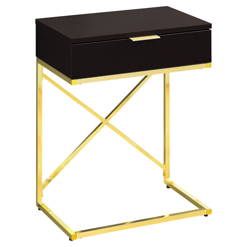 Monarch Specialties I 3476 Accent Table, Side, End, Nightstand, Lamp, Storage Drawer, Living Room, Bedroom, Metal, Laminate, Brown, Gold, Contemporary, Modern image number 1