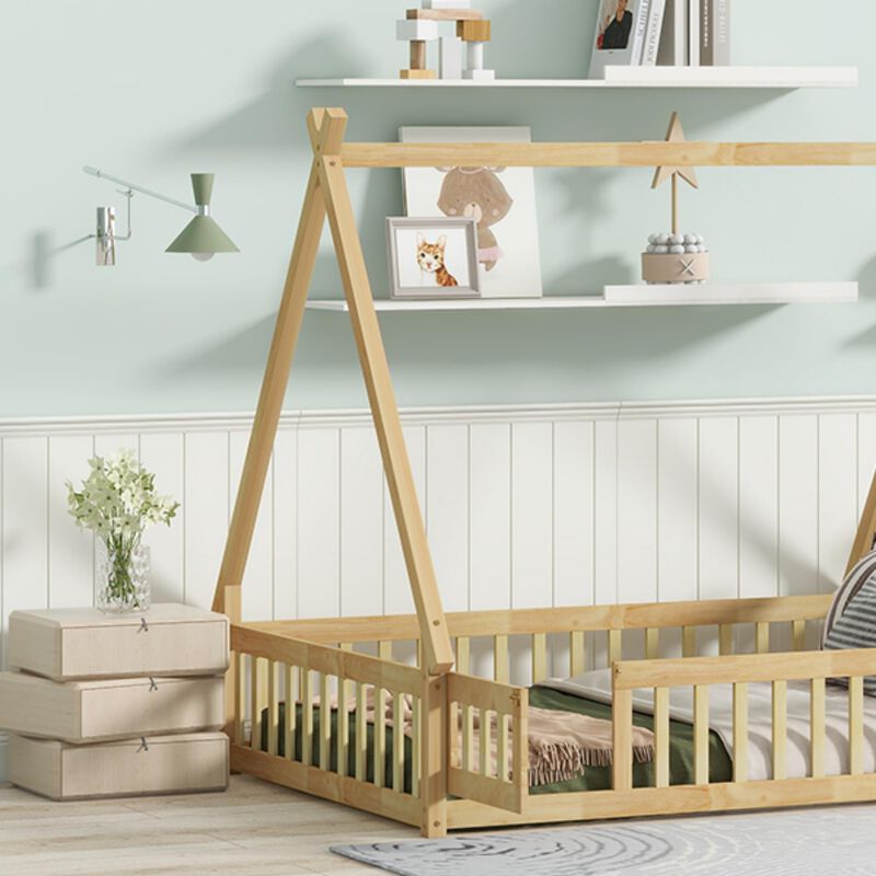 Whisen Wooden Teepee Tent Bed with Guardrails and Slats, Full Floor Bed with Door for Kids image number 5