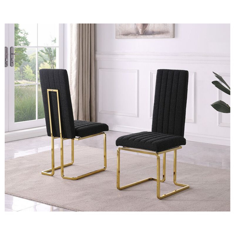 Black Boucle Fabric Gold Chrome Base Tall Back Rest Dining Chairs (Set Of 2)