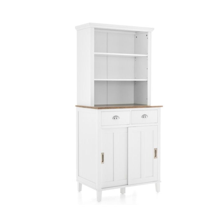Hivvago Freestanding Kitchen Pantry with Hutch Sliding Door and Drawer-White