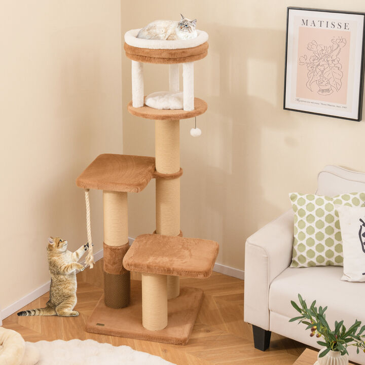 Tall Cat Tree with Self-groomer and Removable Cat Bed