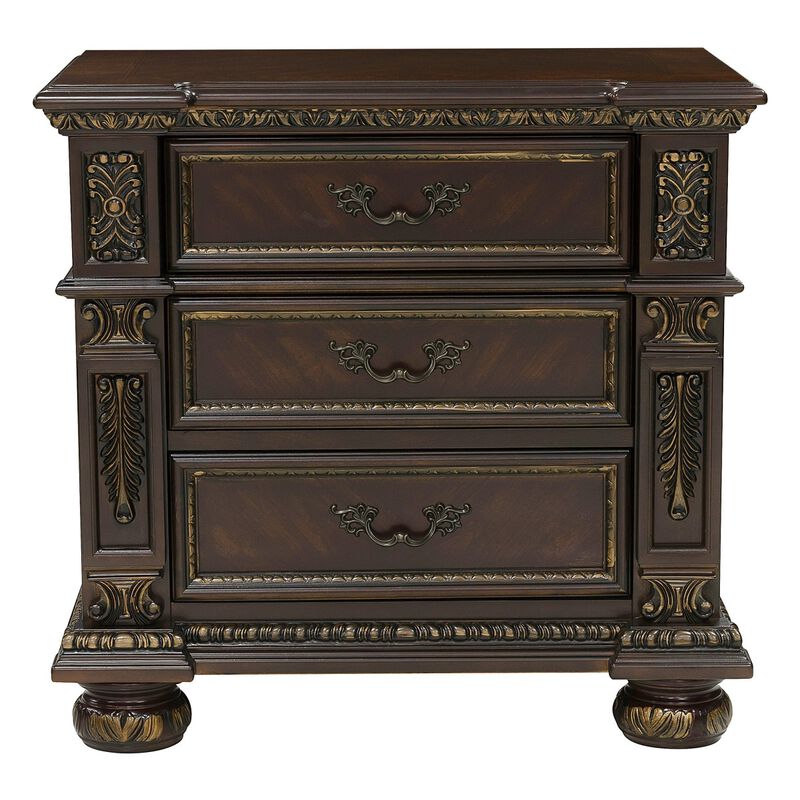 Traditional Design Dark Cherry Finish with Gold Tipping 1pc Nightstand of 3x Drawers Formal Style Bedroom Furniture