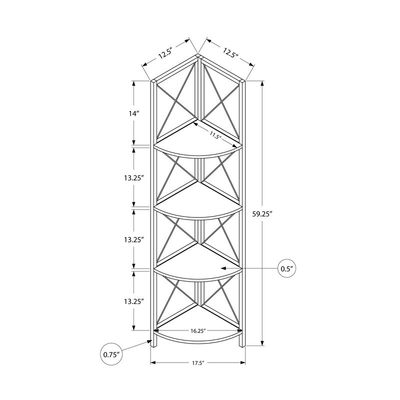 Monarch Specialties I 3648 Bookshelf, Bookcase, Etagere, Corner, 4 Tier, 60"H, Office, Bedroom, Metal, Laminate, Brown, Black, Contemporary, Modern