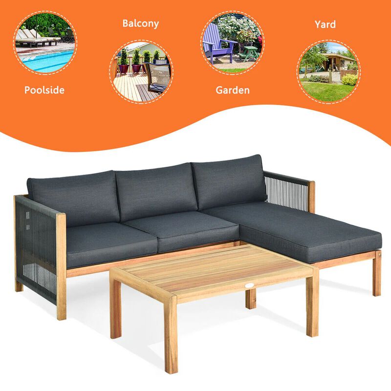 Mondawe 3 Pieces Patio Acacia Wood Sofa Furniture Set with Nylon Rope Armrest