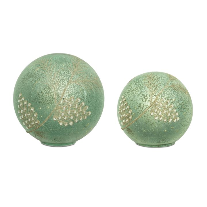 Set of 2 LED Pinecone Glass Globes – Lighted Holiday Tabletop Decorations with Snowy Pinecone Design