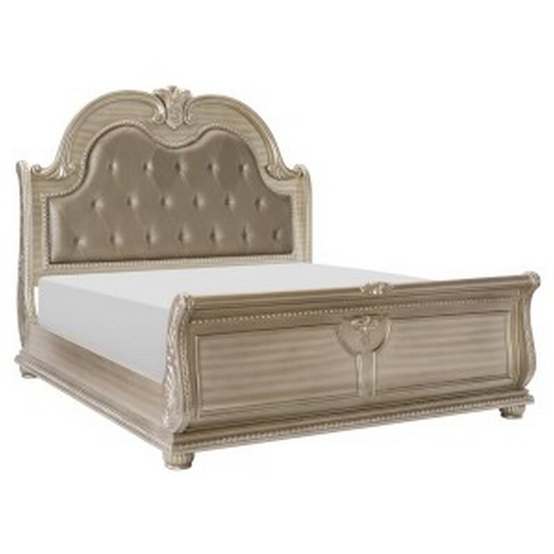Caitlin Classic Queen Sleigh Bed, Tufted Headboard, Silver Faux Leather - Benzara image number 0
