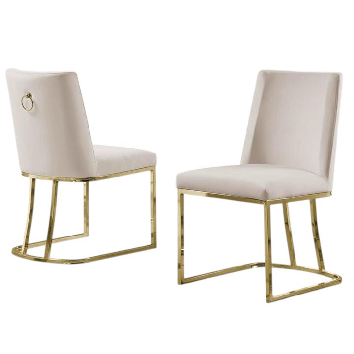 Set of 2 Velvet Dining Chair with Gold Sleigh Legs and Back Ring Handle - Beige