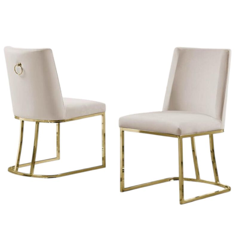 Set of 2 Velvet Dining Chair with Gold Sleigh Legs and Back Ring Handle - Beige