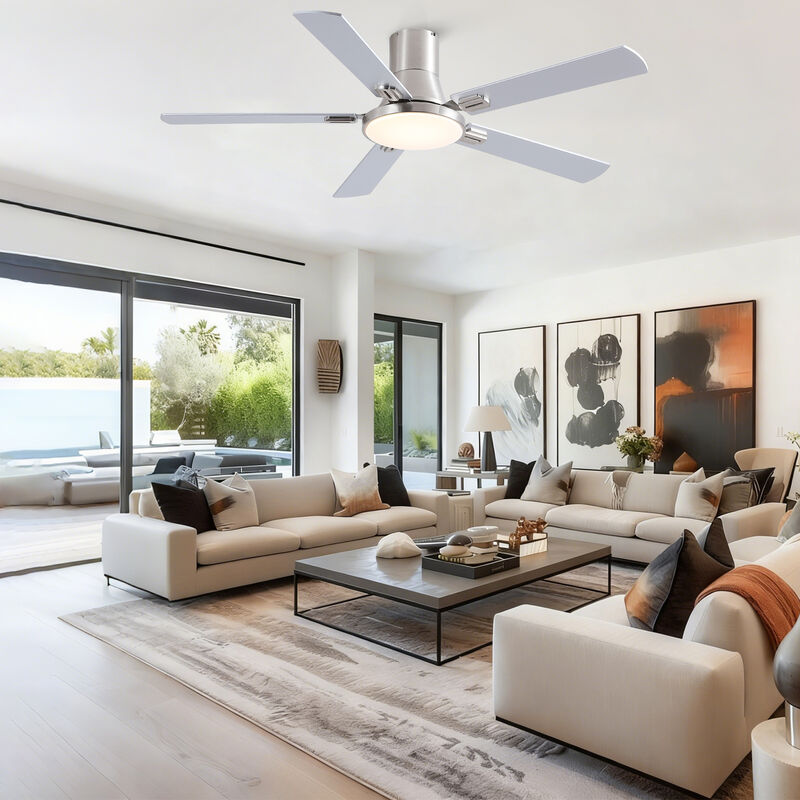 52 Inch Modern Brushed Nickel Flush Mount Ceiling Fan with LED Light and Remote, 6 Speed Indoor Fan image number 2