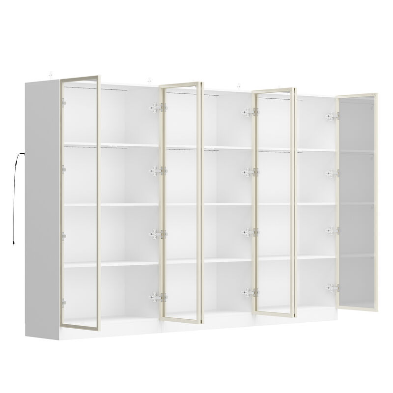 FUFU&GAGA 63 in. Tall White Wood Bookcase Bookshelf With 3-Color LED Lights and Tempered Glass Doors,(94.5" W x 63" H x 15.7" D), White