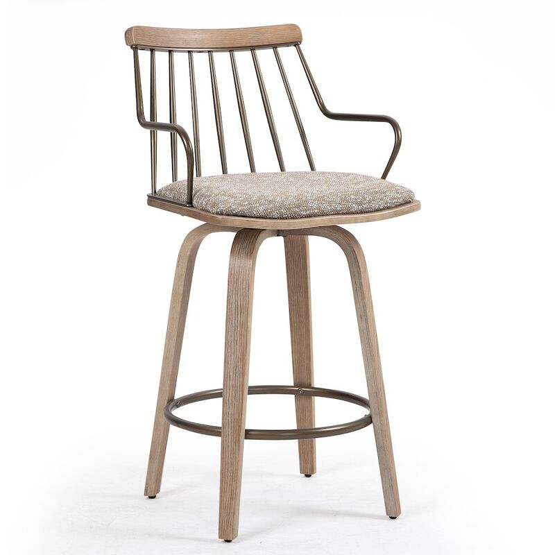 Glamour Home Beatrice Brown and White Woven Fabric Counter Stool with Natural Wood Legs