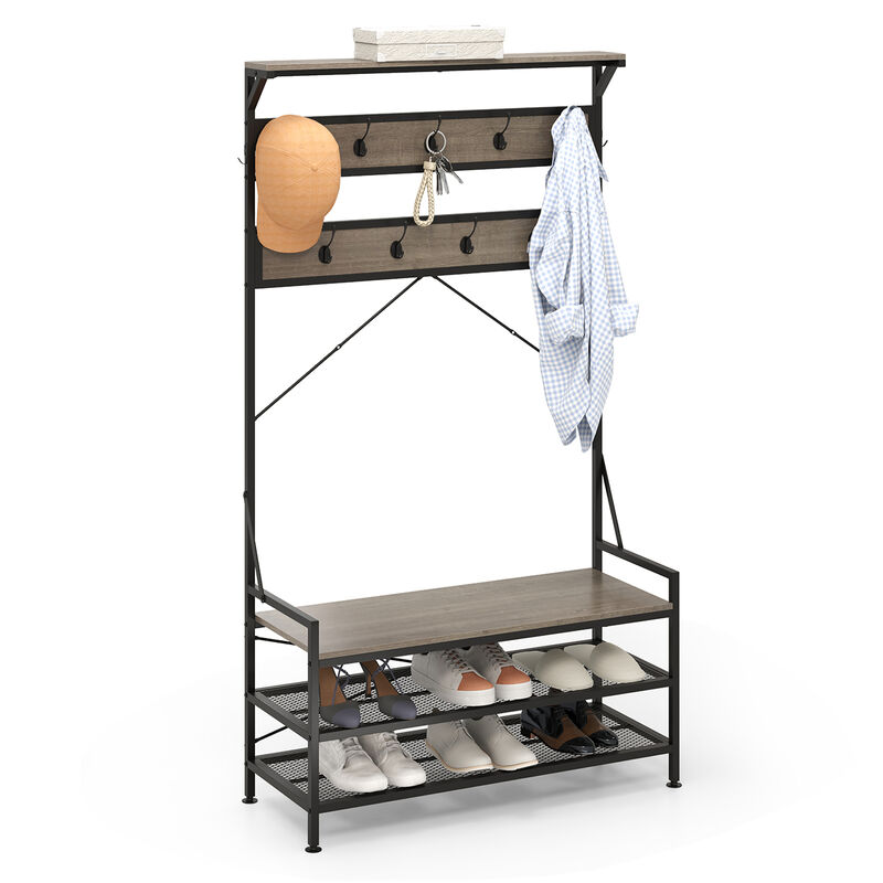 4-in-1 Hall Tree Coat Rack with Shoe Bench and 11 Hooks for Entryway image number 5