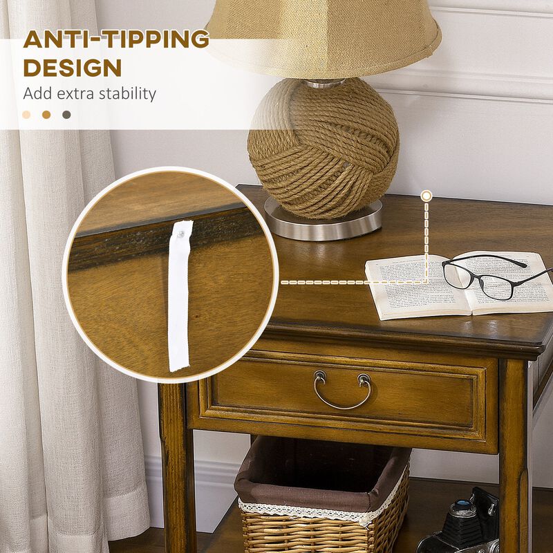 Dark Coffee Side Table: Retro End Table with Drawer & Open Shelf