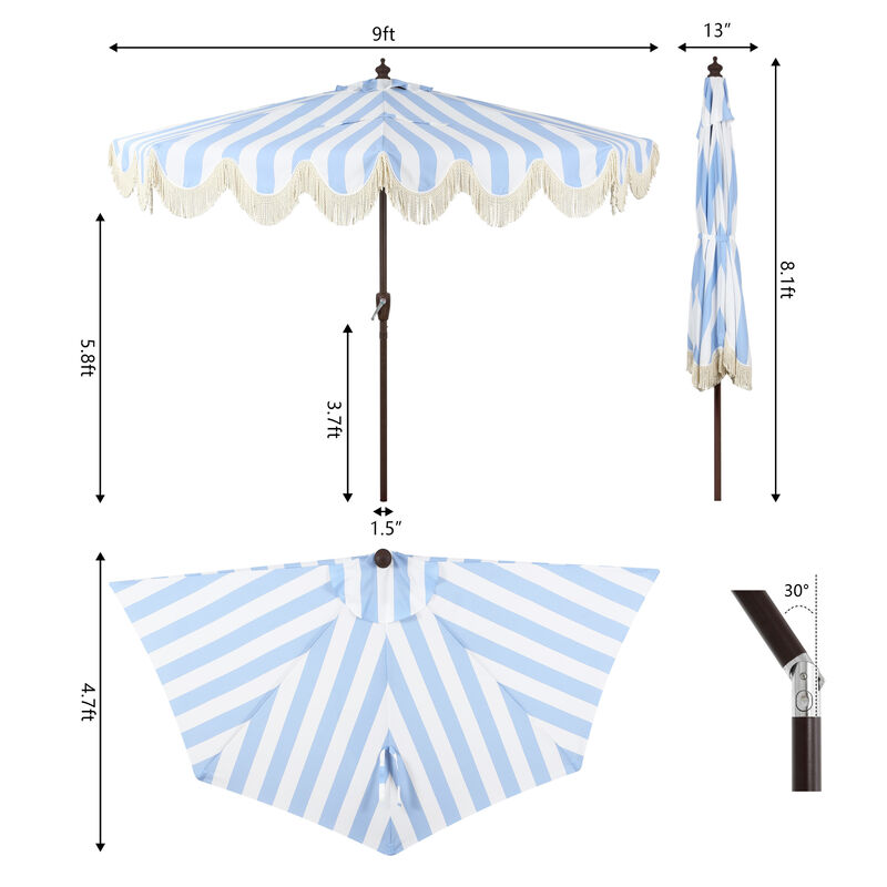Beverly Designer Classic Scalloped Fringe Half Market Patio Umbrella with Crank, Push Button Tilt and UV Protection
