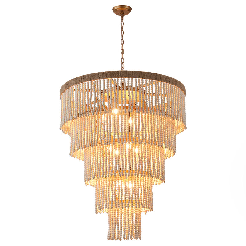 32 in. 9-Light Bohemian Off-White 5-Tier Round Fringe Chandelier